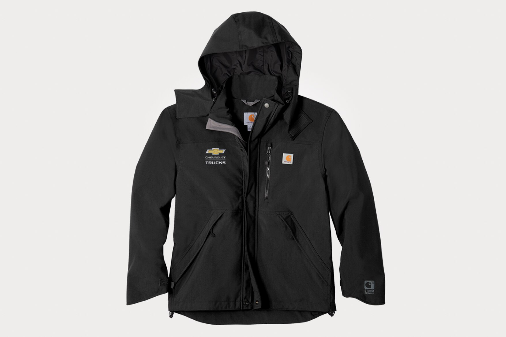 Black Hooded Jacket with Chevrolet Trucks and Carhartt Logos on Chest. Rugged, Outdoor-Ready Design and Multiple Zippers