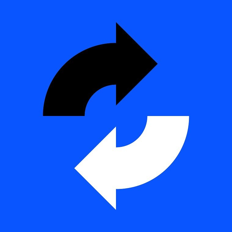 Blue square with a black curved arrow pointing up and a white curved arrow pointing down in a circular motion.