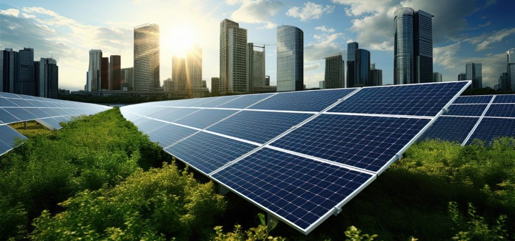 Solar Panels Nestled in Greenery Outlooking a Sun Shining Through the City Landscape 